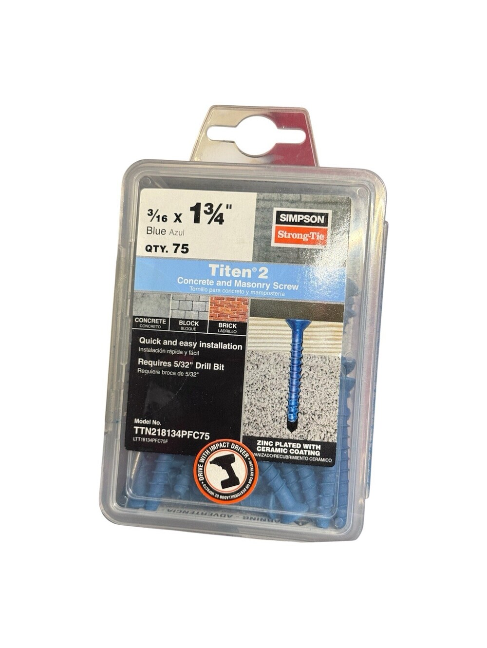 Simpson Strong-Tie TTN218134PFC75 3/16" x 1-3/4" Titen Masonry Screw Phillips
